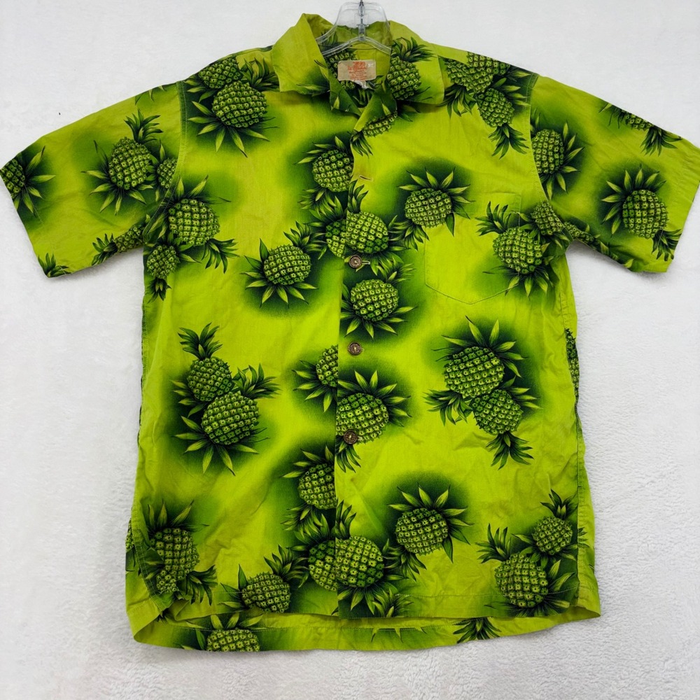 Vintage Ui-Maikai Hawaiian Shirt Mens Large Lime Green Pineapple Cotton Made USA